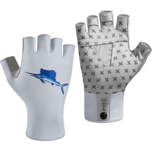 imageBASSDASH Unisex UPF 50 Half Finger Sun Gloves Fingerless Breathable UV Protection for Fishing Hiking Kayaking Rowing FG02Cool GreyMarlin