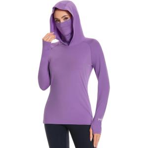imageBASSDASH Womens UPF 50 Sun Protection Hoodie with Face Mask Neck Gaiter Breathable Long Sleeve Shirt for Hiking FishingLight Purple