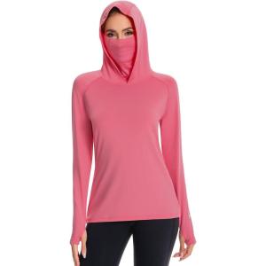 imageBASSDASH Womens UPF 50 Sun Protection Hoodie with Face Mask Neck Gaiter Breathable Long Sleeve Shirt for Hiking FishingPink