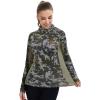 imageBASSDASH Womens UPF 50 Camo Hunting Hoodie with Neck Gaiter Breathable Performance Long Sleeve Fishing Hooded Tee FS03WGreen Vegetation Camo With Light Fawn Mesh