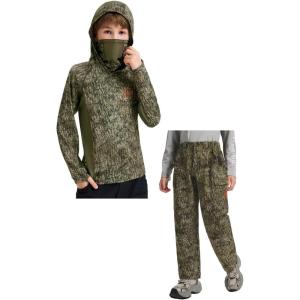 imageBASSDASH Invis Kids Youth Stretch Hunting Pants Water Resistant Breathable Camo Cargo Fishing Pant ampamp Youth UPF 50 Camo Hunting Hoodie Shirt with Neck Gaiter
