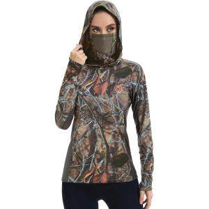 imageBASSDASH Womens UPF 50 Camo Hunting Hoodie with Neck Gaiter Breathable Performance Long Sleeve Fishing Hooded Tee FS03WAutumn Forest