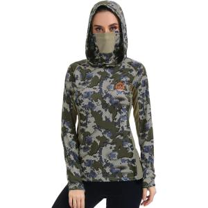 imageBASSDASH Womens UPF 50 Camo Hunting Hoodie with Neck Gaiter Breathable Performance Long Sleeve Fishing Hooded Tee FS03WGreen Vegetation Camo With Light Fawn Mesh