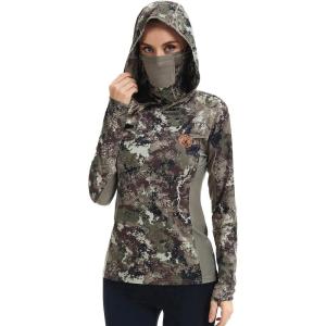 imageBASSDASH Womens UPF 50 Camo Hunting Hoodie with Neck Gaiter Breathable Performance Long Sleeve Fishing Hooded Tee FS03WGrunge Camo