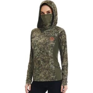 imageBASSDASH Womens UPF 50 Camo Hunting Hoodie with Neck Gaiter Breathable Performance Long Sleeve Fishing Hooded Tee FS03WMossy Wood