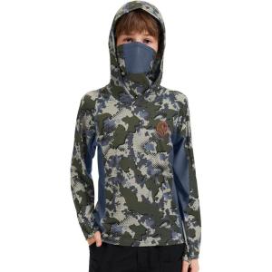 imageBASSDASH Youth UPF 50 Camo Hunting Hoodie Shirt with Neck Gaiter Quick Dry Long Sleeve Hooded Tee for Fishing Hiking FS02YGreen Vegetation Camo With Ash Blue Mesh
