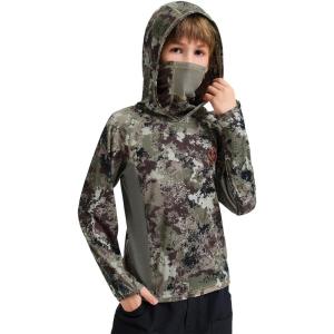 imageBASSDASH Youth UPF 50 Camo Hunting Hoodie Shirt with Neck Gaiter Quick Dry Long Sleeve Hooded Tee for Fishing Hiking FS02YGrunge Camo