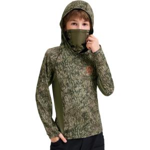 imageBASSDASH Youth UPF 50 Camo Hunting Hoodie Shirt with Neck Gaiter Quick Dry Long Sleeve Hooded Tee for Fishing Hiking FS02YMoss Wood
