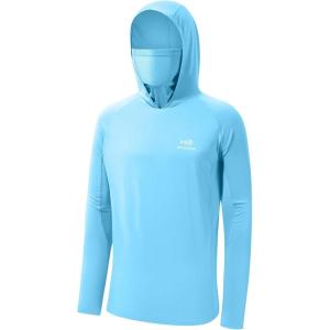 imageBASSDASH UPF 50 Mens Long Sleeve Fishing Shirt with Mask UV Neck Gaiter HoodieSky Blue