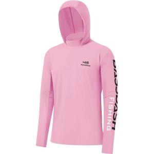 imageBASSDASH UPF 50 Mens UV Sun Protection Long Sleeve Performance Fishing Hoodie Hooded ShirtsLight PinkBlack Logo