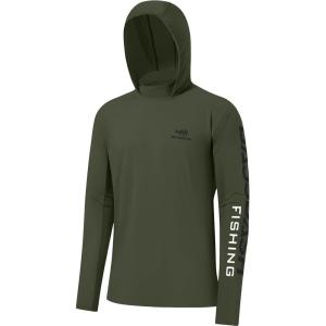 imageBASSDASH UPF 50 Mens UV Sun Protection Long Sleeve Performance Fishing Hoodie Hooded ShirtsOlive GreenBlack Logo