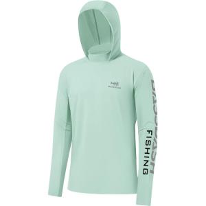 imageBASSDASH UPF 50 Mens UV Sun Protection Long Sleeve Performance Fishing Hoodie Hooded ShirtsPastel TealGrey Logo