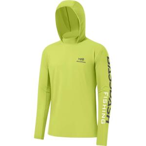 imageBASSDASH UPF 50 Mens UV Sun Protection Long Sleeve Performance Fishing Hoodie Hooded ShirtsPear GreenDark Grey Logo