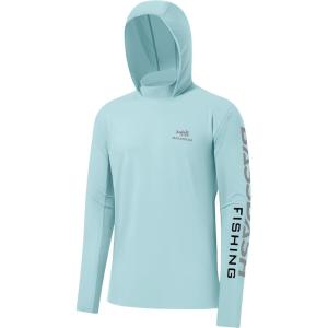 imageBASSDASH UPF 50 Mens UV Sun Protection Long Sleeve Performance Fishing Hoodie Hooded ShirtsPowder BlueGrey Logo