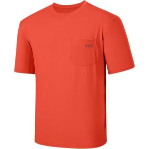image:imageBASSDASH Mens UPF 50 Performance Short Sleeve Pocket TShirt UV Sun Protection Fishing Hiking Kayaking Sports ShirtsCoral RedDark Grey Logo