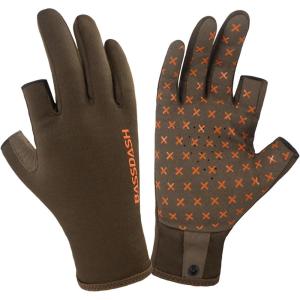 image:imageBASSDASH Unisex Fingerless Fleece Liner Camo Hunting Gloves for Cold Weather UPF 50 Lightweight Fishing Photography HG06Brown