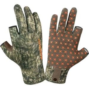 image:imageBASSDASH Unisex Fingerless Fleece Liner Camo Hunting Gloves for Cold Weather UPF 50 Lightweight Fishing Photography HG06Moss Wood