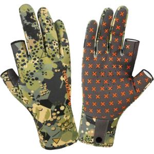 image:imageBASSDASH Unisex Fingerless Fleece Liner Camo Hunting Gloves for Cold Weather UPF 50 Lightweight Fishing Photography HG06Open Terrain 