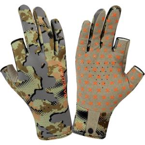 image:imageBASSDASH Unisex Fingerless Fleece Liner Camo Hunting Gloves for Cold Weather UPF 50 Lightweight Fishing Photography HG06Open Terrain