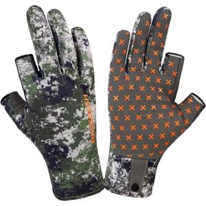 image:imageBASSDASH Unisex Fingerless Fleece Liner Camo Hunting Gloves for Cold Weather UPF 50 Lightweight Fishing Photography HG06Woodland 