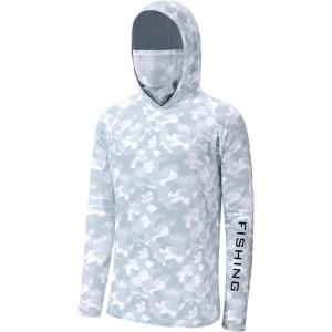 image:imageBASSDASH Mens UPF 50 Hooded Breathable Camo Shirts with Face Mask Lightweight Neck Gaiter Fishing Hiking Hoodie Shirt FS51MGrey Camo