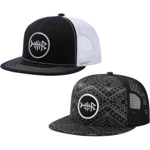 image:imageBASSDASH 2 Pack Flat Brim Trucker Cap Adjustable Snapback Hat Mesh Back for Men Women Fishing HuntingPack of 2  Black and White  Black Geometry