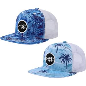 image:imageBASSDASH 2 Pack Flat Brim Trucker Cap Adjustable Snapback Hat Mesh Back for Men Women Fishing HuntingPack of 2  Blue Camo  Palm Trees