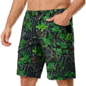 image:imageBASSDASH Mens 10 Hunting Shorts Camo RipStop Stretch Water Resistant for Fishing Hiking with Zipper Pocket FP13MGreen Leaves