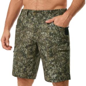 image:imageBASSDASH Mens 10 Hunting Shorts Camo RipStop Stretch Water Resistant for Fishing Hiking with Zipper Pocket FP13MMoss Wood