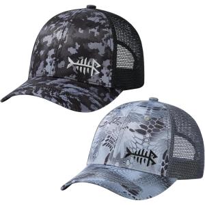 image:imageBASSDASH 2 Pack Altimate Fishing Hunting Hat Mesh Back for Men Women Adjustable Baseball Trucker Cap Camo Blaze OrangeNight Digital Camo  Grey Hexagonal Scales