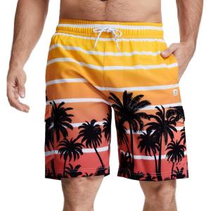 image:imageBASSDASH Mens 9 Swim Trunks UPF 50 Quick Dry Lightweight Beach Board Shorts with Mesh Lining for Fishing amp Water SportsSunset Palm Trees