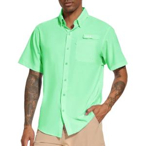 image:imageBASSDASH Mens UPF 50 Short Sleeve Button Down Fishing Shirt Breathable Lightweight for Outdoors Hiking CampingBright Mint Green