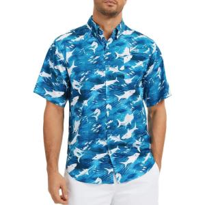 image:imageBASSDASH Mens UPF 50 Short Sleeve Button Down Fishing Shirt Breathable Lightweight for Outdoors Hiking CampingOcean Blue Fish