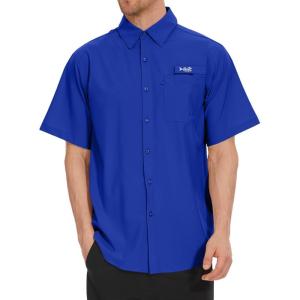 image:imageBASSDASH Mens UPF 50 Short Sleeve Button Down Fishing Shirt Breathable Lightweight for Outdoors Hiking CampingVivid Blue