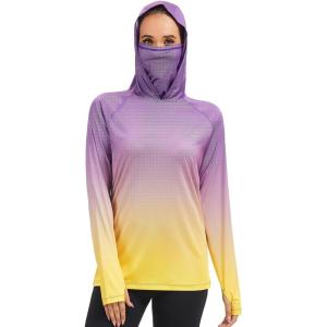 image:imageBASSDASH Womens Fishing Hoodie Shirt with Face Mask Thumb Holes UPF 50 FS23WPurple to Yellow Spot Gradient