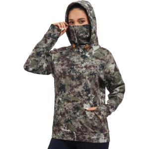 image:imageBASSDASH Womens Fleece Fishing Hoodie with Neck Gaiter Water Resistant Performance Hiking Sweatshirt PulloverGrunge Camo No Logo at Sleeve