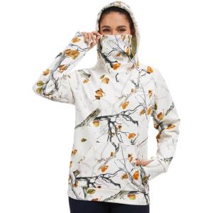 image:imageBASSDASH Womens Fleece Fishing Hoodie with Neck Gaiter Water Resistant Performance Hiking Sweatshirt PulloverSnow Woodland Camo No Logo at Sleeve