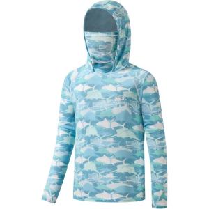image:imageBASSDASH Youth UPF 50 Hooded Shirts with Mask UV Neck Gaiter Sun Protection Long Sleeve T Shirt for Fishing SwimFish Camo