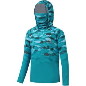 image:imageBASSDASH Youth UPF 50 Hooded Shirts with Mask UV Neck Gaiter Sun Protection Long Sleeve T Shirt for Fishing SwimGreen Fish Gradient