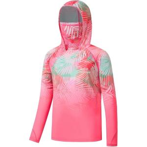 image:imageBASSDASH Youth UPF 50 Hooded Shirts with Mask UV Neck Gaiter Sun Protection Long Sleeve T Shirt for Fishing SwimPink Leaves Gradient