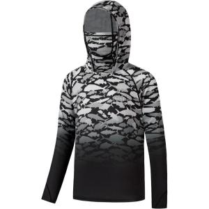 image:imageBASSDASH Youth UPF 50 Hooded Shirts with Mask UV Neck Gaiter Sun Protection Long Sleeve T Shirt for Fishing SwimWhite Grey Fish Gradient