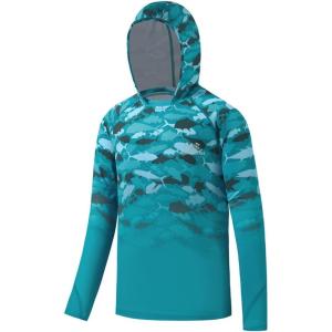 image:imageBASSDASH Youth UPF50 Performance T Shirt with Hood Long Sleeve Fishing Hiking Sun Shirt FS03YGreen Fish Gradient