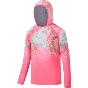 image:imageBASSDASH Youth UPF50 Performance T Shirt with Hood Long Sleeve Fishing Hiking Sun Shirt FS03YPink Leaves Gradient