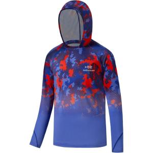 image:imageBASSDASH Youth UPF50 Performance T Shirt with Hood Long Sleeve Fishing Hiking Sun Shirt FS03YRed Blue Camo Gradient