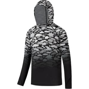 image:imageBASSDASH Youth UPF50 Performance T Shirt with Hood Long Sleeve Fishing Hiking Sun Shirt FS03YWhite Grey Fish Gradient