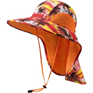image:imageBASSDASH UPF 50 Unisex Water Resistant Wide Brim Sun Hat with Large Neck Flap Ponytail Fishing Hat for Men WomenSunset Palm TreesOrange