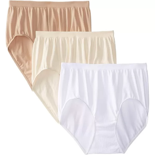 Bali Womens Comfort Revolution Seamless Brief Panty High Rise Microfiber Stretch Underwear3 Pack  Light Beige DamaskWhite DamaskNude Damask