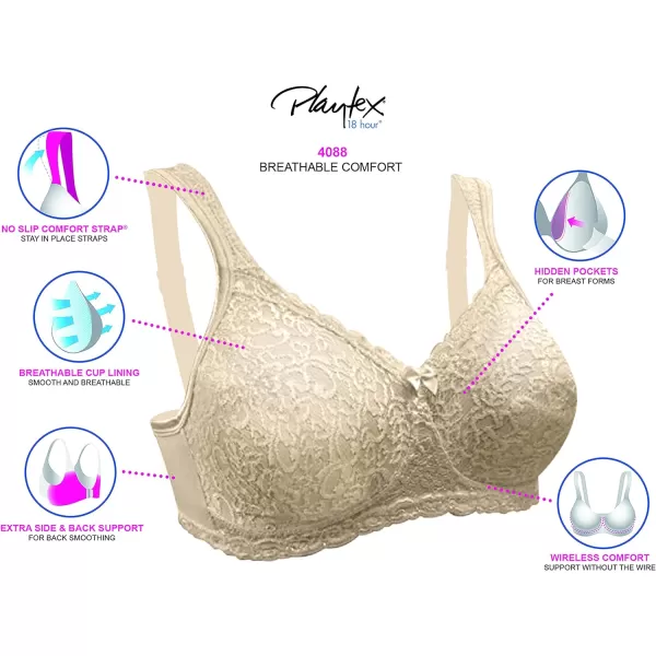 Playtex Womens 18 Hour Airform Comfort Lace Wirefree Full Coverage Bra US4088Honey