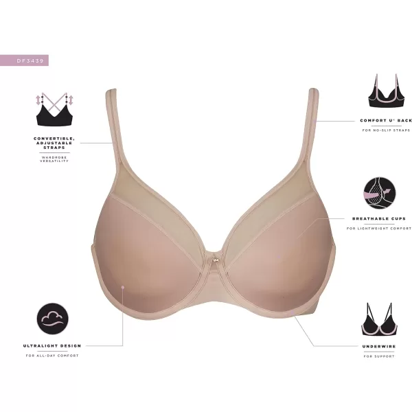 Bali womens One Smooth U Ultra Light Bra Underwire TShirt Bra Convertible Straps DF3439Hush Pink