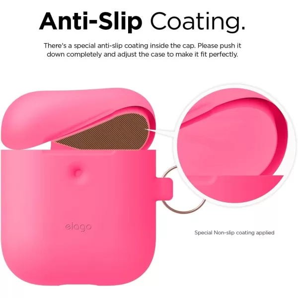 elago Silicone Case with Keychain Compatible with Apple AirPods 2 Wireless Charging Case Front LED Visible AntiSlip Coating Inside Premium Silicone Neon Hot PinkNeon Hot Pink